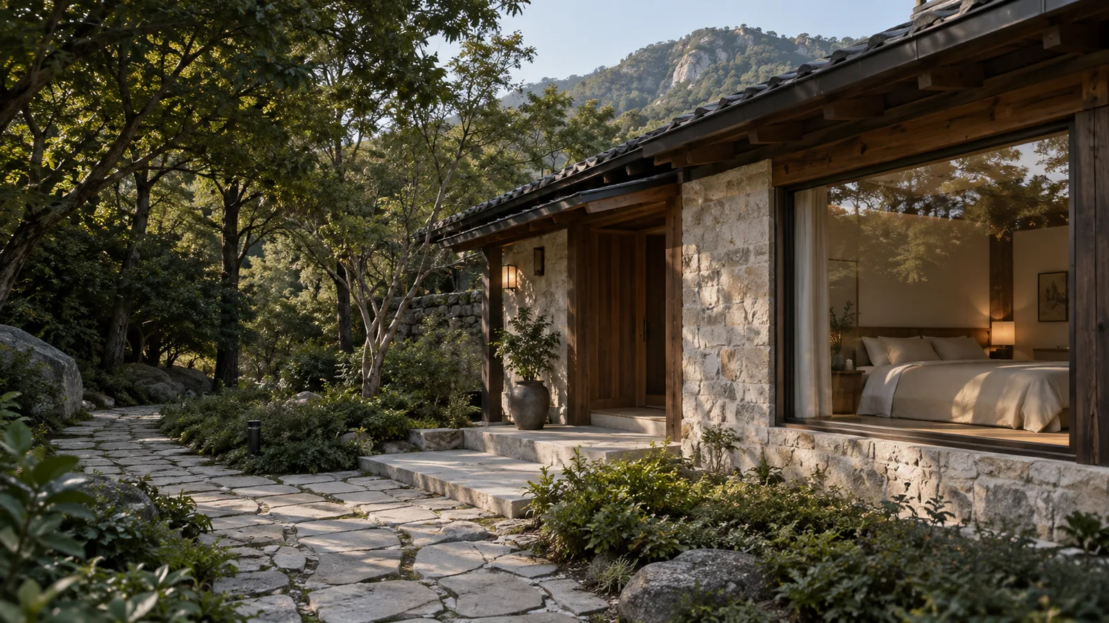 돌담과 기와 처마, 나무 그늘이 어우러진 마당 숙소